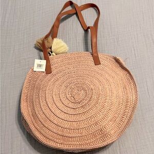 Straw Woven Shoulder Bag with Leather Handles and Zip Closure, NWT